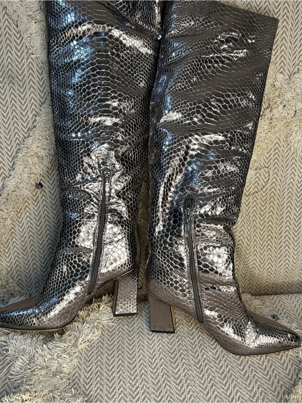 Michael Shannon Metallic Black Snake-Embossed Over-the-Knee Boots